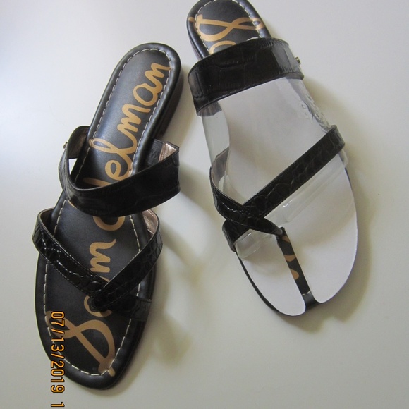 NEW BEAUTIFUL SLIDEBLACK LEATHER FLAT SANDAL SZ 10 - Picture 2 of 2